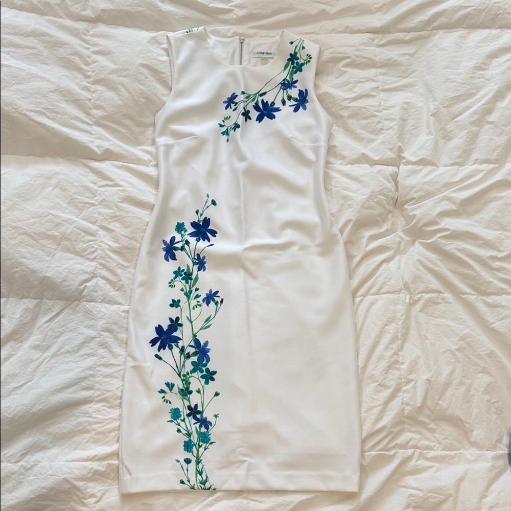 Calvin Klein White Sleeveless Floral Sheath Midi Dress/ Woman/ Size 4
